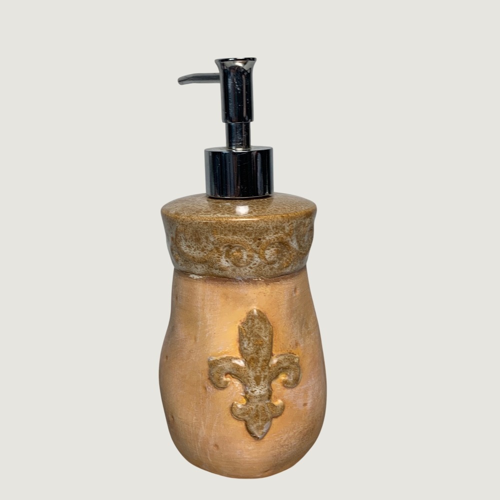 Newport Terra Cotta Soap Dispenser Tan Fleur-de-lis Rustic French Country